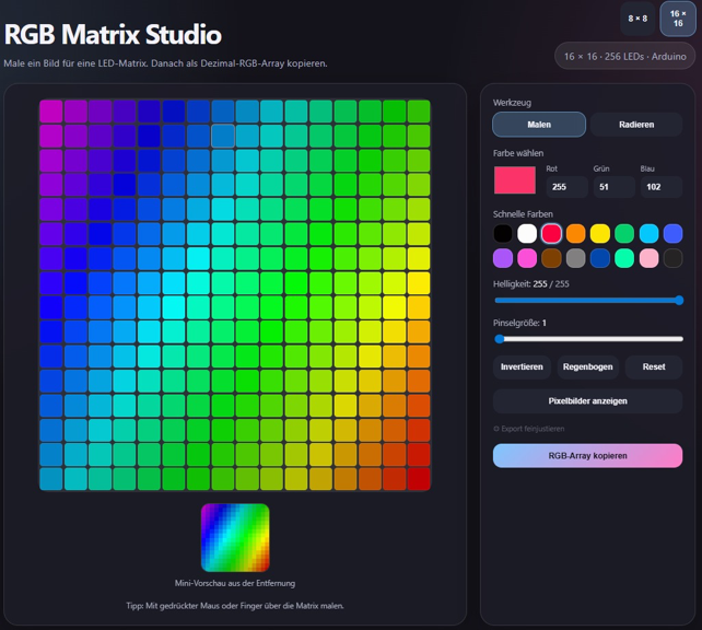 RGB Matrix Studio showing a colourful 16 by 16 pixel design